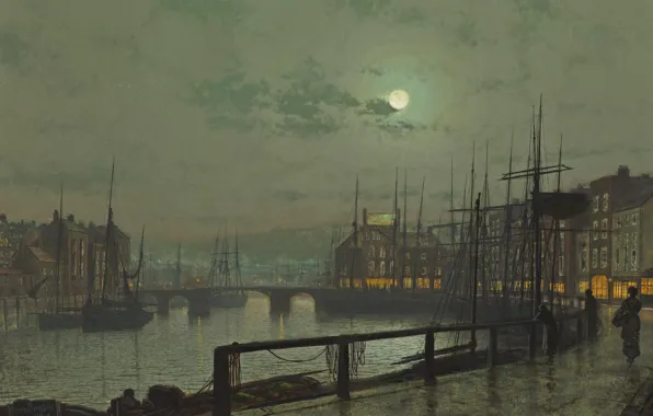 Картинка картина, корабль, лодка, мост, дома, люди, John Atkinson, луна