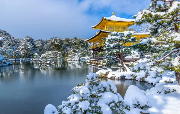 Зима, снег, деревья, пруд, парк, Япония, храм, Japan