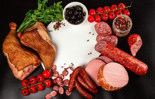 Зелень, Оливки, Перец, Помидоры, Еда, Колбаса, Мясо, Окорок