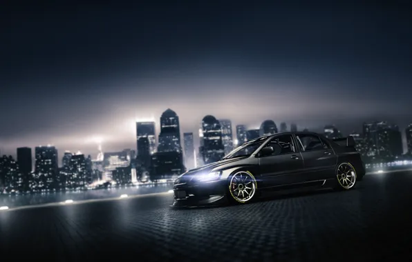 Авто, Ночь, Город, Машина, Серый, Mitsubishi, Car, Evolution
