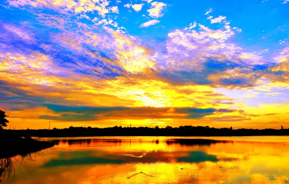 Sky, Grass, Water, Sunrise, Dawn, Morning, Lake, Trees