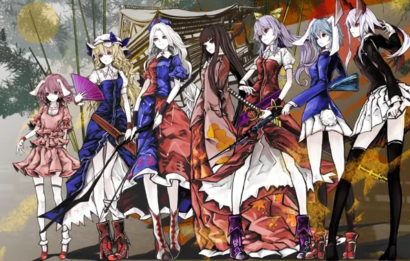 Девушки, группа, аниме, арт, touhou