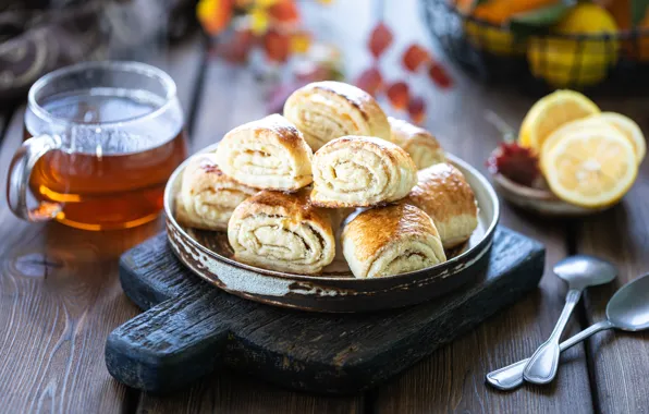 Картинка лимон, чай, орехи, выпичка, Karina Klachuk