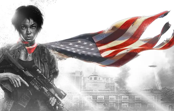 Картинка девушка, флаг, арт, винтовка, революция, восстание, Homefront: The Revolution