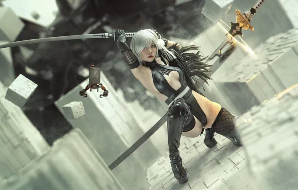 Эротика, девушка, меч, азиатка, косплей, Nier Automata
