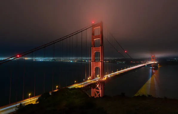 Ночь, мост, golden gate bridge