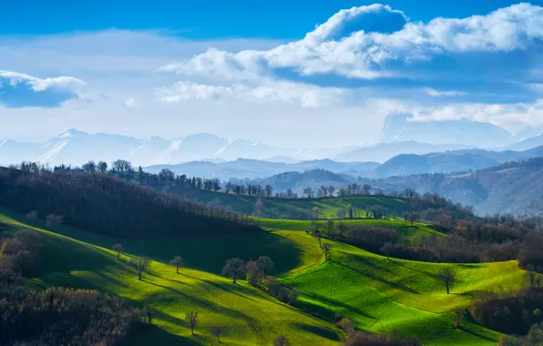 Небо, солнце, облака, деревья, горы, поля, Italy