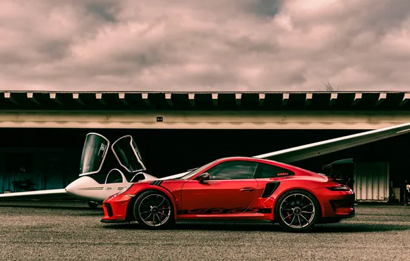 Красный, спорткар, самолёт, Porsche 911, Porsche 911 GT3 RS, планёр