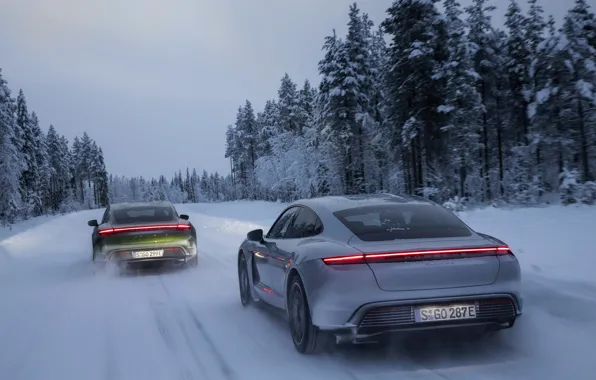 Зима, снег, Porsche, на дороге, 2020, Taycan, Taycan 4S