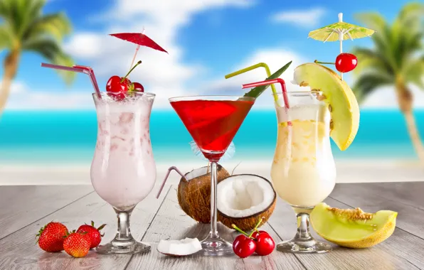 Картинка лето, коктейль, summer, food, melon, cherry, strawberry, cocktail