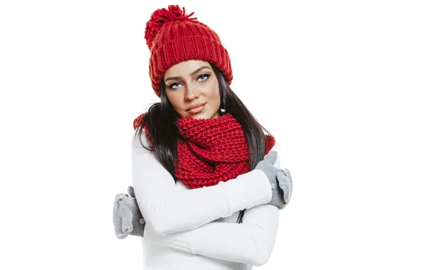 Картинка взгляд, девушка, макияж, шарф, перчатки, красная шапка