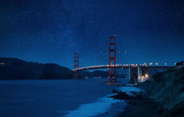 Пляж, ночь, мост, берег, Golden Gate вridge