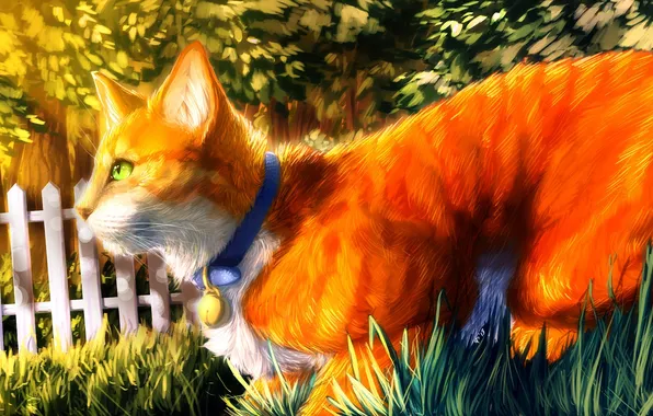 Картинка трава, синий, забор, арт, ошейник, живопись, зеленые глаза, рыжий кот
