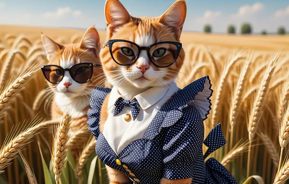 Пшеница, поле, кошка, кот, очки