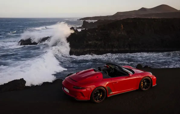 Картинка волны, красный, скалы, берег, 911, Porsche, Speedster, 991