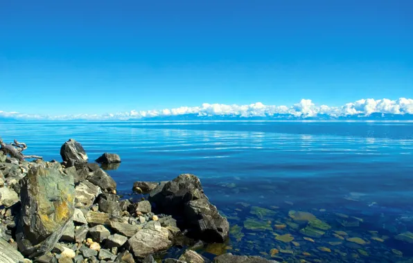 Картинка небо, облака, озеро, камни, берег, горизонт, Байкал, Россия