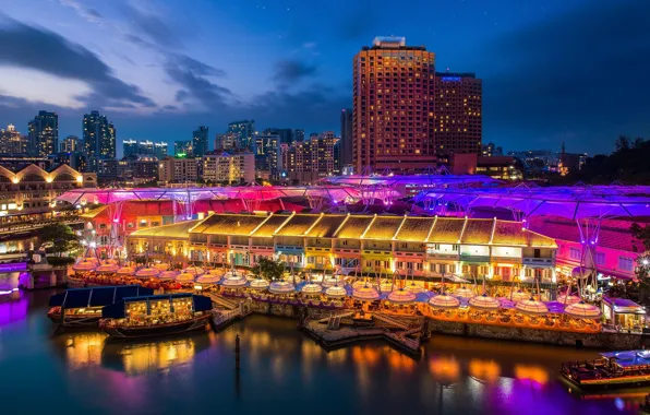 Ночь, город, лодки, Сингапур, Singapore, Singapore city