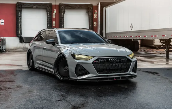 Картинка Audi, Grey, Trailer, Wagon, RS6, Audi RS6, HRE, Black Wheels