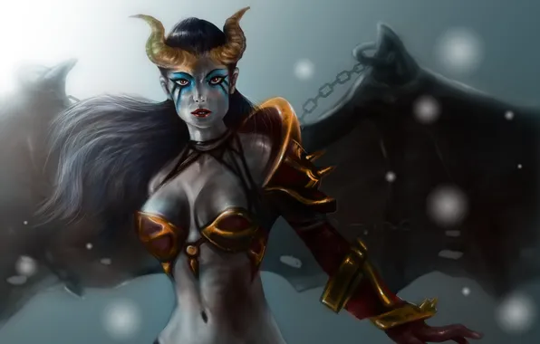 Взгляд, роза, крылья, арт, цепь, Dota 2, суккуб, Queen Of Pain