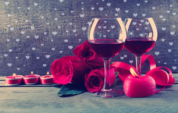Картинка огонь, вино, розы, свечи, бокалы, сердечки