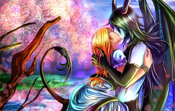 Девушка, любовь, романтика, весна, арт, парень, bleach, улькиорра
