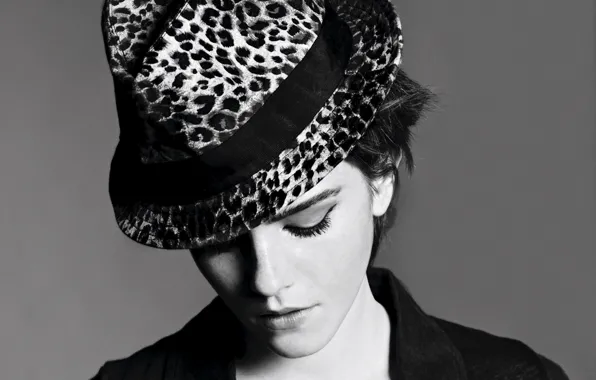 Шляпа, актриса, черно-белое, Emma Watson, знаменитость