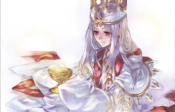 Чаша, ритуал, корона, красные глаза, накидка, королева, visual novel, длинные белые волосы