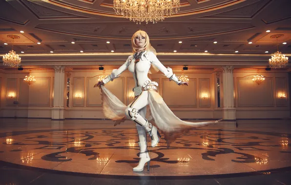 Картинка девушка, огни, зал, cosplay, Saber, Fate/Stay night