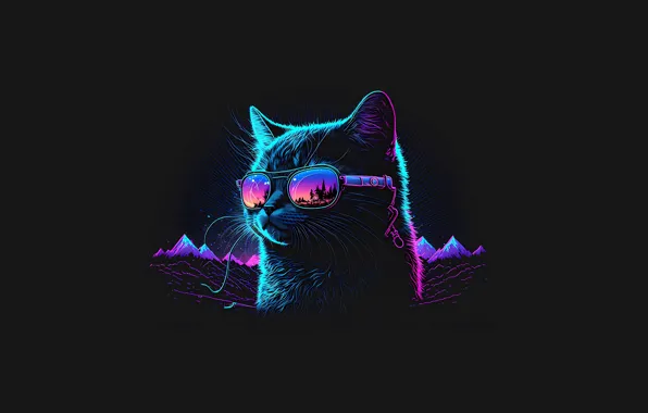 Горы, котик, неон, очки