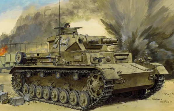Картинка огонь, дым, рисунок, танк, автомобиль, Вторая мировая война, танкист, немецкий