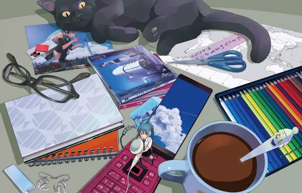 Картинка кошка, кот, стол, карта, карандаши, наушники, очки, кружка
