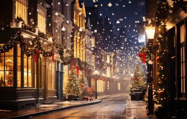 Картинка street, Новый Год, snow, зима, fir tree, город, lights, Christmas