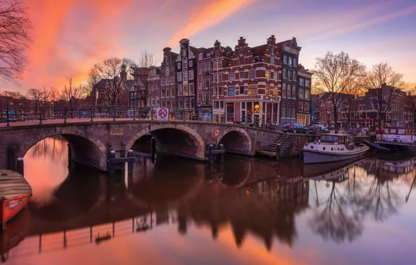 Картинка мост, река, дома, Амстердам, Нидерланды
