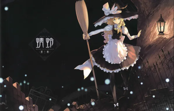 Ночь, шляпа, огоньки, фонарь, метла, touhou, art, передник