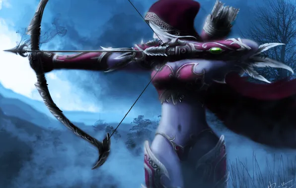 Лук, арт, капюшон, эльфийка, world of warcraft, sylvanas, windrunner
