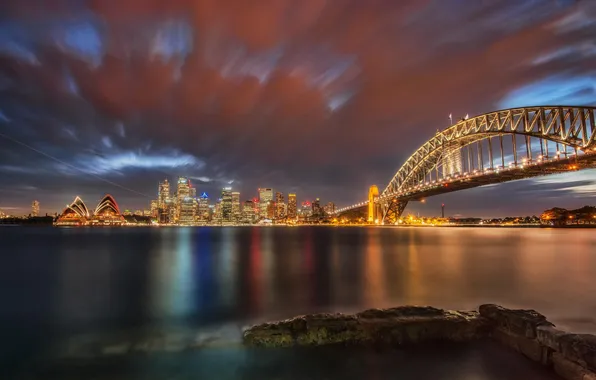 Картинка ночь, мост, пролив, вечер, Сидней