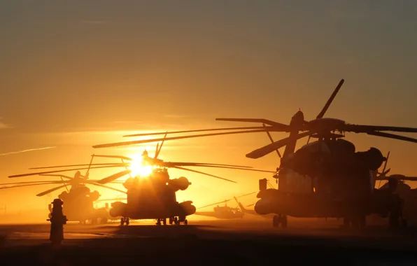 Sunset, sun, Helicopters