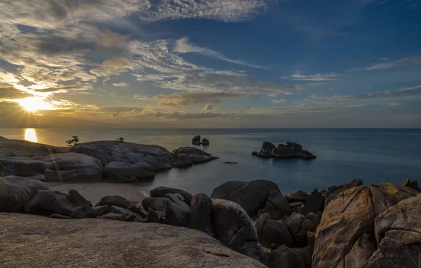 Картинка море, камни, рассвет, побережье, утро, Таиланд, Thailand, Surat Thani