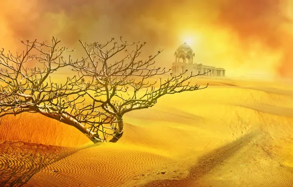 Картинка песок, солнце, пустыня, куст, храм, песчанная буря