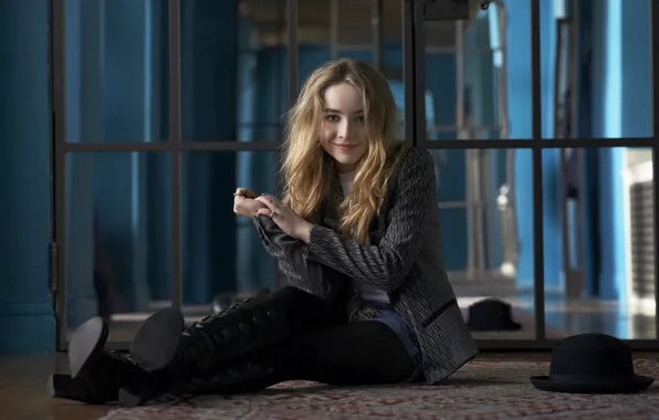 Девушка, сапоги, зеркало, пиджак, сидит, Sabrina Carpenter, Сабрина Карпентер
