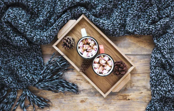 Шарф, кружки, поднос, drinks, горячий шоколад, Breakfast