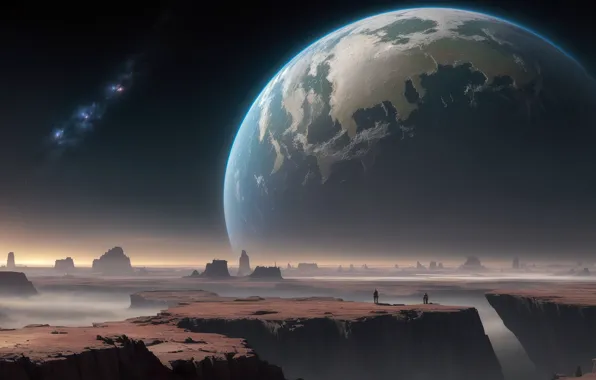 Twilight, landscape, art, fantastic, night sky, planet, canyon, digital art