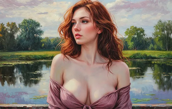 Деревья, озеро, декольте, бюст, digital art, цифровое искусство, рыжеволосая красавица, женский портрет