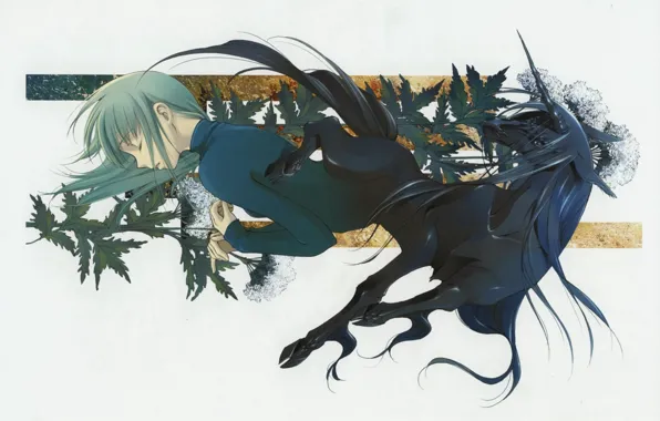 Черный, растение, грива, единорог, парень, art, закрытые глаза, unicorn