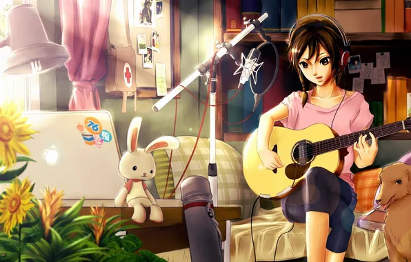 Картинка девушка, подсолнухи, комната, гитара, собака, наушники, арт, микрофон