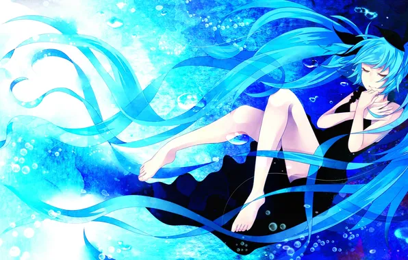 Картинка девушка, пузыри, аниме, платье, арт, vocaloid, hatsune miku, под водой