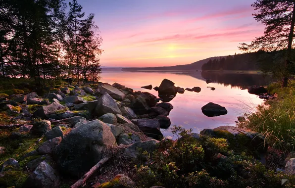 Лес, закат, озеро, камни, спокойствие, by Robin de Blanche, Asleep
