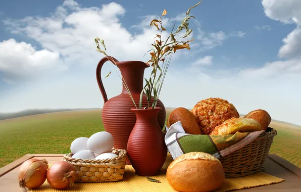 Картинка корзина, яйца, лук, хлеб, ваза, кувшин, выпечка