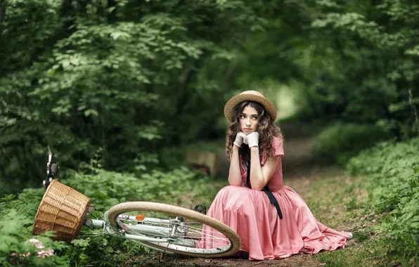 Картинка лето, взгляд, девушка, природа, велосипед, поза, корзина, модель