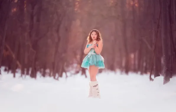 Зима, лес, снег, платье, девочка, Blue